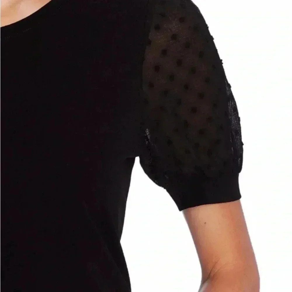 CeCe Women’s Sheer Polka Dot Puff Sleeve Black Pullover Blouse Top Size M